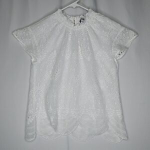 Express High Neck Eyelet Embroidered Keyhole Blouse Womens XS White Scallop Lace